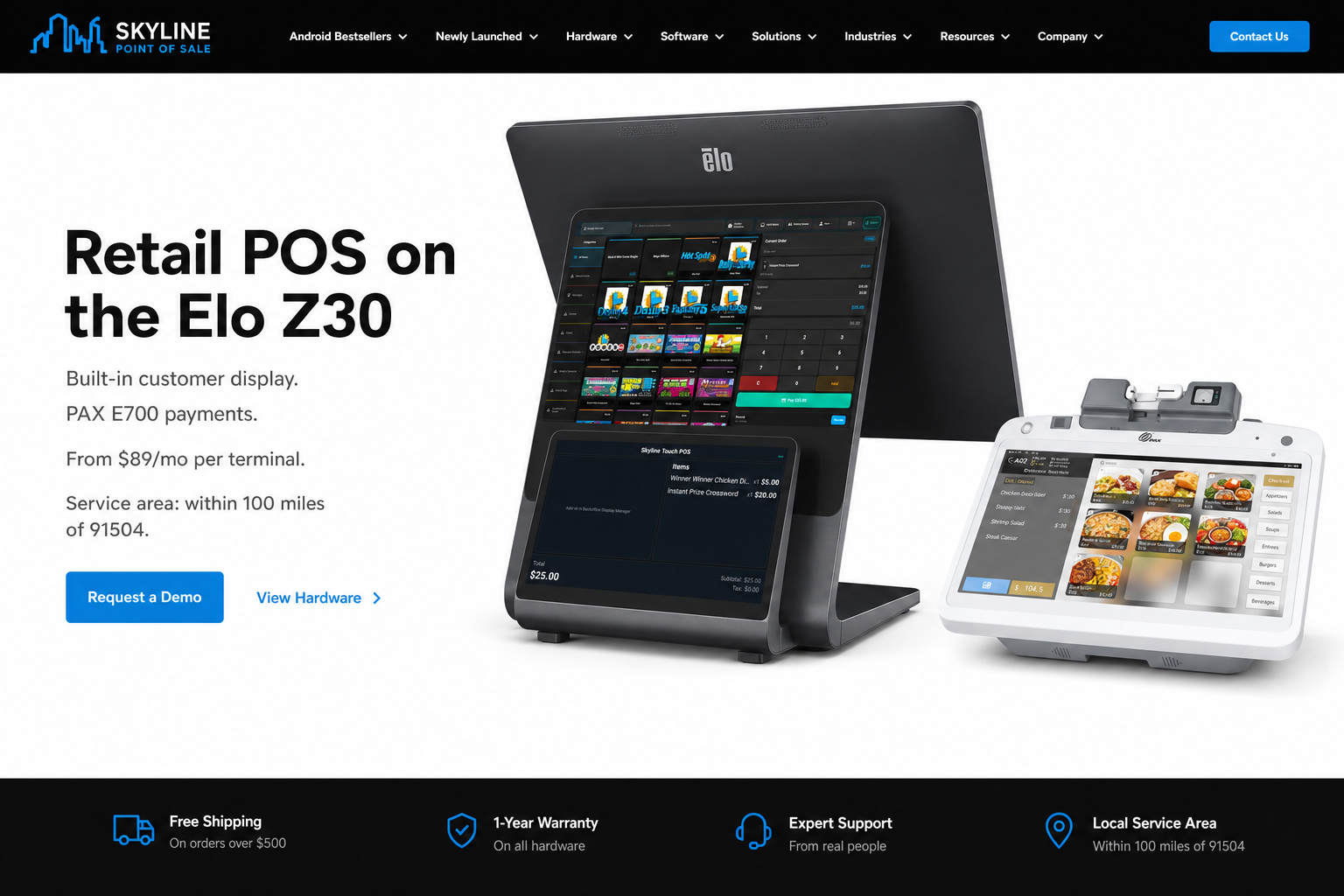 Skyline Touch POS on Elo Z30 with customer display and PAX E700